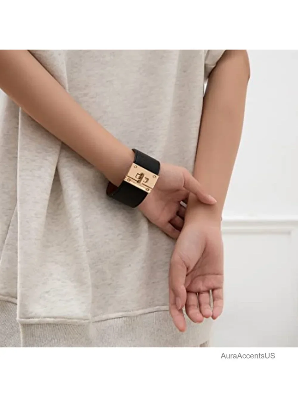 Leather Wrap Bracelet for Women Gold Twist Lock Cuff